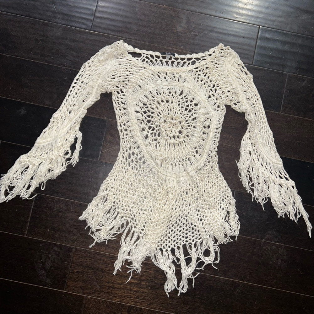 White Crochet Fringe Top swimsuit bathing coverup or sheer dress for S or XS